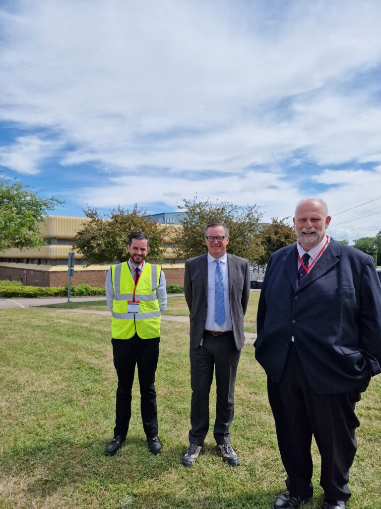 Photograph showing the newly elected Mayor of Bedford, Tom Wootton with Paul Hutchings (ARA CEO) and Patrick Lyons (Manager for the Bedford Town Deal).